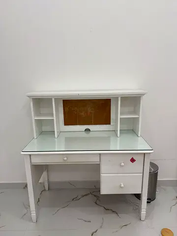 White Wooden Study Desk with Hutch and Drawers - Good Condition