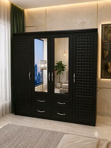 Brand New Large Black 4-Door Wardrobe with Mirror and Drawers For Sale