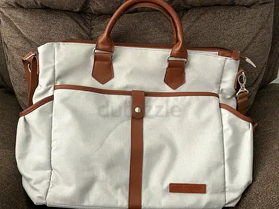 Beige Canvas Diaper Bag with Leather Trim – Spacious, Good Condition