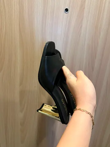 Black open-toe mule heels with gold block heel, size EUR 36-37, US 6-6.5