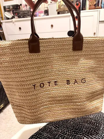 Beige woven straw tote bag with inner zip pocket - used once