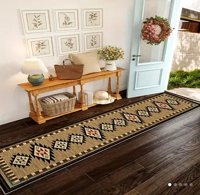 Long geometric runner rug — neutral tribal design, 2-3m