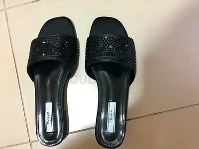 New Prada Black Satin Crystal Embellished Flat Slides Replica