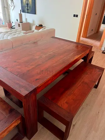Solid Oak Wood Dining Table with Two Benches and Two seats - Dark Rustic Finish.... 7000 aed new