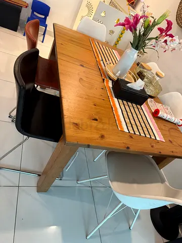 Solid Wood Dining Table with Mixed Chairs - Good Condition