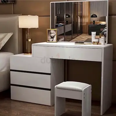 Modern white dressing table with mirror, stool and 3-drawer chest