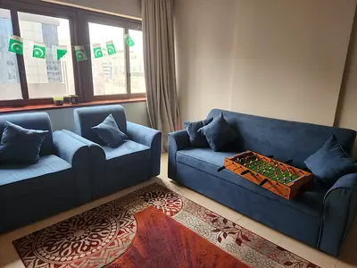 Blue 3-seater sofa and 2 matching armchairs set - good condition