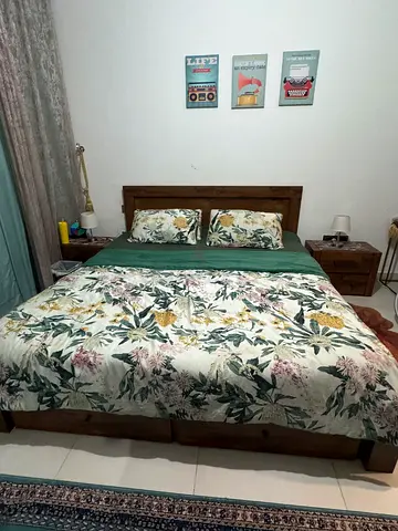 Wooden King Size Bed with Headboard and Mattress - Floral Bedding Included