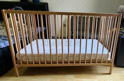 Ikea Wooden Baby Crib with Mattress - Solid Frame, Good Condition