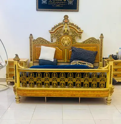 Ornate Golden Wooden Queen Bed with Matching Nightstands