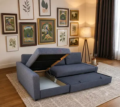 Smart Storage Sofa Cum Bed This multifunctional sofa provides spacious seating, hidden storage, and