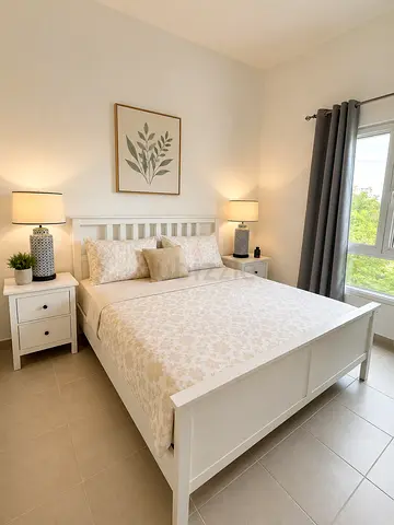 White Wooden Double Bed Frame with Headboard and Matching Nightstands, wall mirror and table