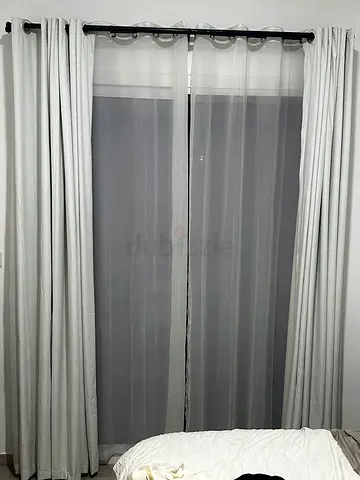Light grey curtain set with sheer panel - used, good condition+ two curtain rod