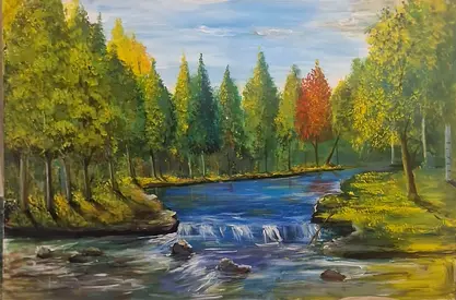 BIG Original hand painted oil painting - Forest river landscape
