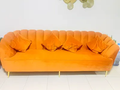 Mustard Orange Scalloped Shell Sofa with Gold Legs