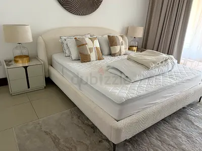 Beige Upholstered Double Bed Frame with Headboard + mattress+ 2 side tables  - excellent Condition