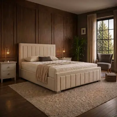 Premium Fabric Bed Frame With Mattress and With Panel Line Headboard. Stylish Fabric Bed Frame