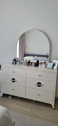 White 6-Drawer Dresser with Round Mirror - Good Condition