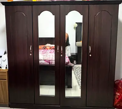 Dark Wood 4-Door Wardrobe with Mirrors - Good Condition