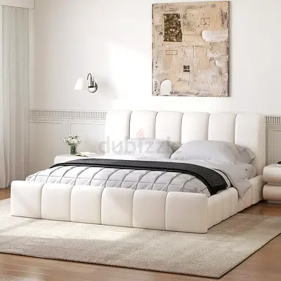 Modern low-profile upholstered Queen bed in white