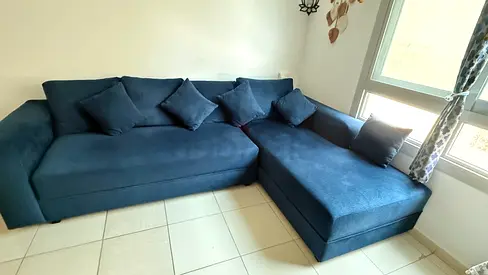 Comfortable Navy Blue L-Shape Sofa with Cushions