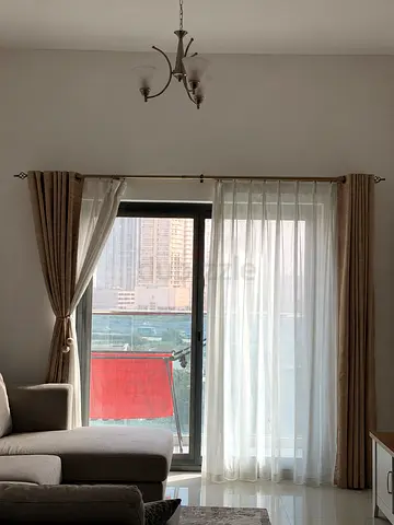 Beige Curtains with Sheer White Voile - Pair, Good Condition
