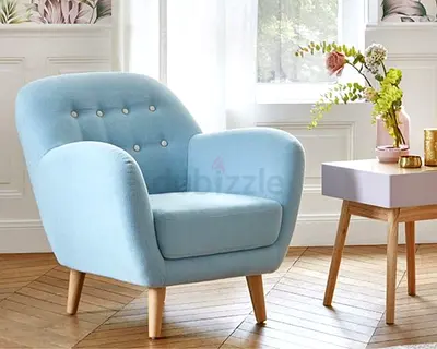 Light Blue Tufted Armchair with Wooden Legs