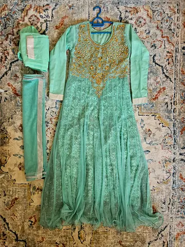 Mint green embroidered formal maxi-dress with dupatta and trouser
