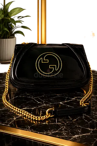 Black Patent Leather Shoulder Bag with Gold Chain