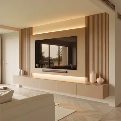 Modern wall-mounted entertainment unit with LED backlight (beige)