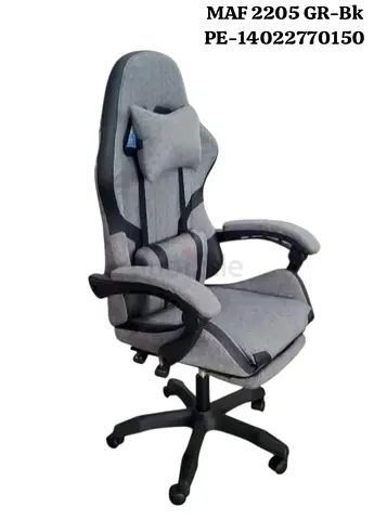 Grey ergonomic gaming/office chair with lumbar pillow, adjustable swivel base