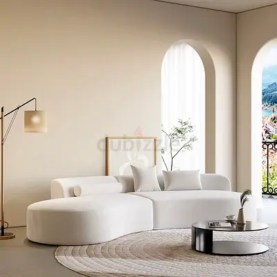 Modern Curved White Fabric Sofa - Left Chaise, Minimal Design