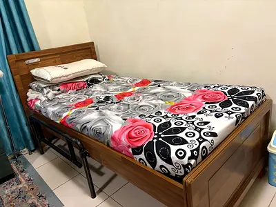 Single wooden bed and mattress with headboard - good condition