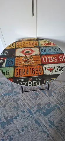 Round Vintage License Plate Coffee Table - Metal Base