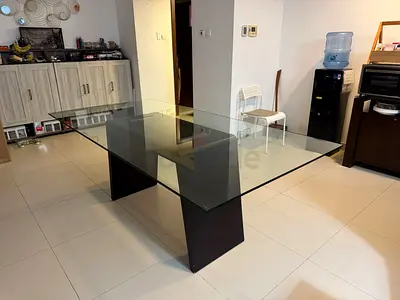 Large Tempered Glass Dining Table with Dark Wood Base - Spacious 6-8 Seater /with and without chairs