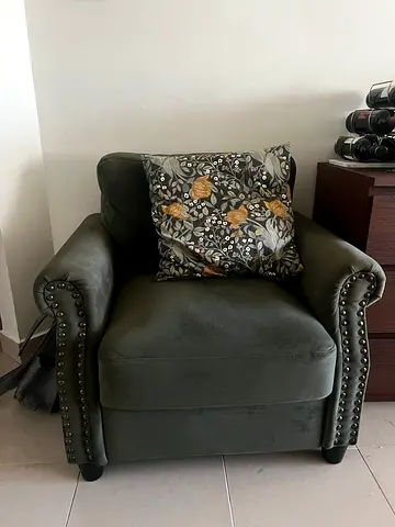 Green Velvet Armchairs with Studded Arms and Cushion