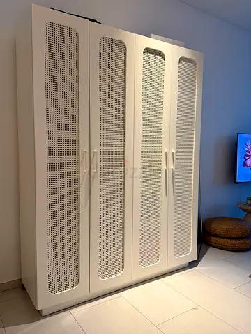 White 4-Door Wardrobe with Cane Panel Doors - Excellent Condition