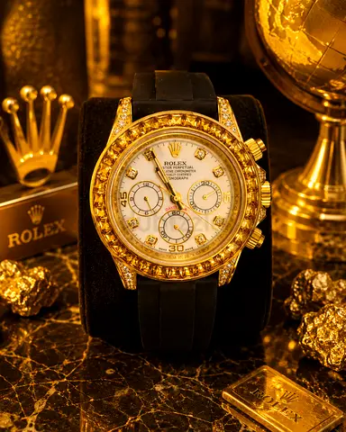 Rolex-style Gold Chronograph Watch with Diamond Accents on Rubber Strap
