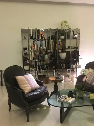 Set of 2 vintage-style armchairs (fabric  leather) with small wooden side table