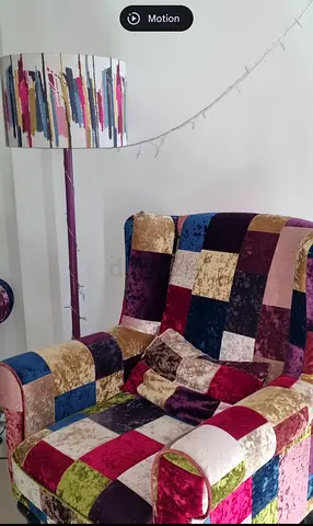 Patchwork Fabric Sofa and Armchair Set - Colorful 3-seater + Single Chair with matching big painting