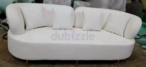 Three-seater white boucle sofa with gold legs — good condition
