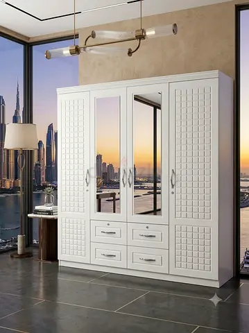 Brand New White 4-Door Wardrobe with Mirror and Drawers For Sale