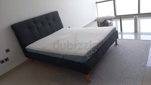 Queen size upholstered bed frame with mattress - grey, good condition