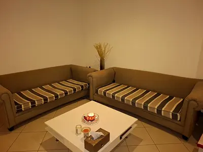 Pair of 3-Seater Beige Sofas with Striped Cushions - Good Condition
