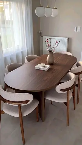Solid Wood Oval Dining Table with 6 Upholstered Chairs – Walnut Finish