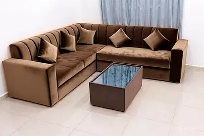 Brand new vL-shaped Brown Velvet Sofa with Cushions and table