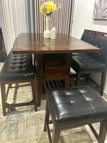 Solid Wood High Dining Table with 6 Padded Stools - Dark Brown