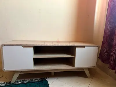 Low wooden TV cabinet with storage shelves and two doors