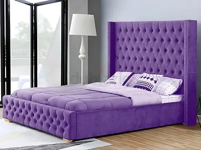 Tall button tufted style purple velvet king bed