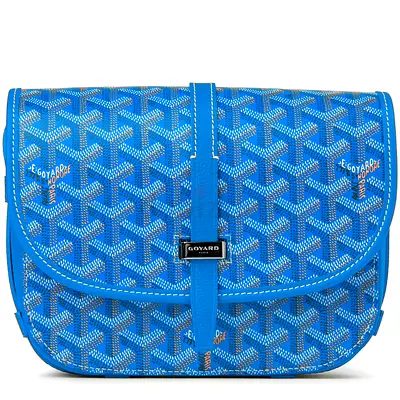 Goyard Belvedere II PM messenger bag made from coated canvas with tan leather trim.